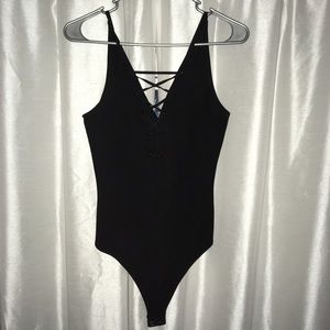 Black EXPRESS bodysuit lace up deep V sexy EUC